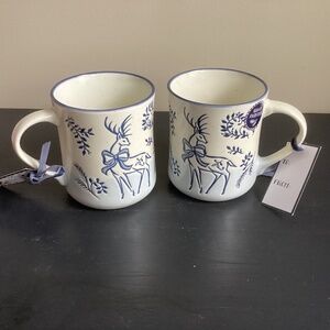 Set 2 Peppermint & Mint Blue n White Reindeer Porcelain Ceramic Mugs NWOT